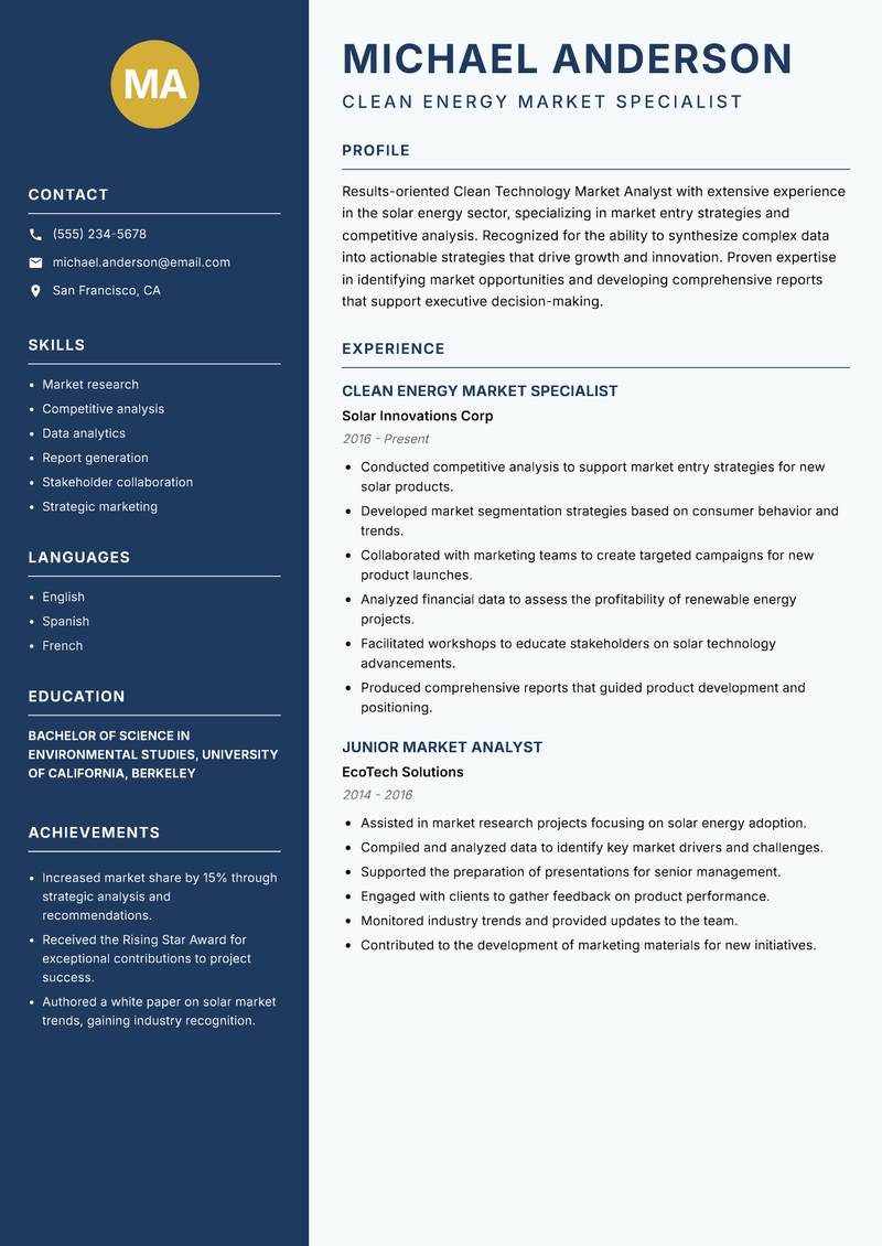 Clean Technology Market Analyst resume template — Classic Clean