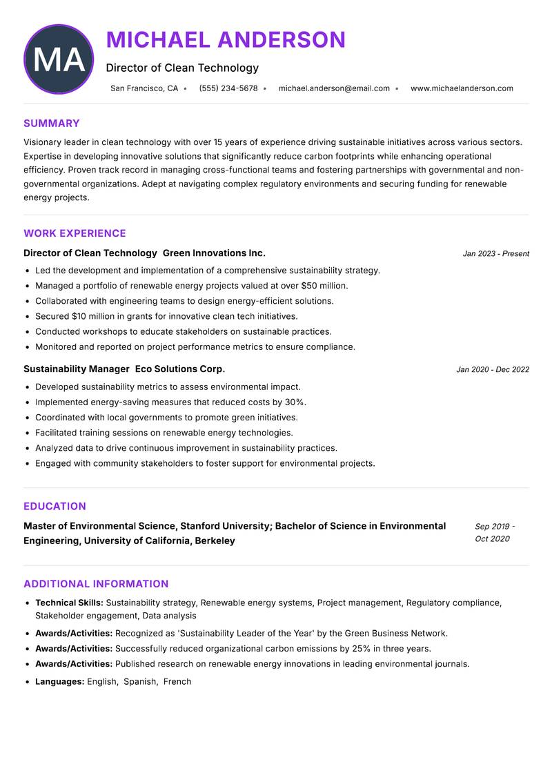 Clean Technology Officer resume example — ATS-friendly template