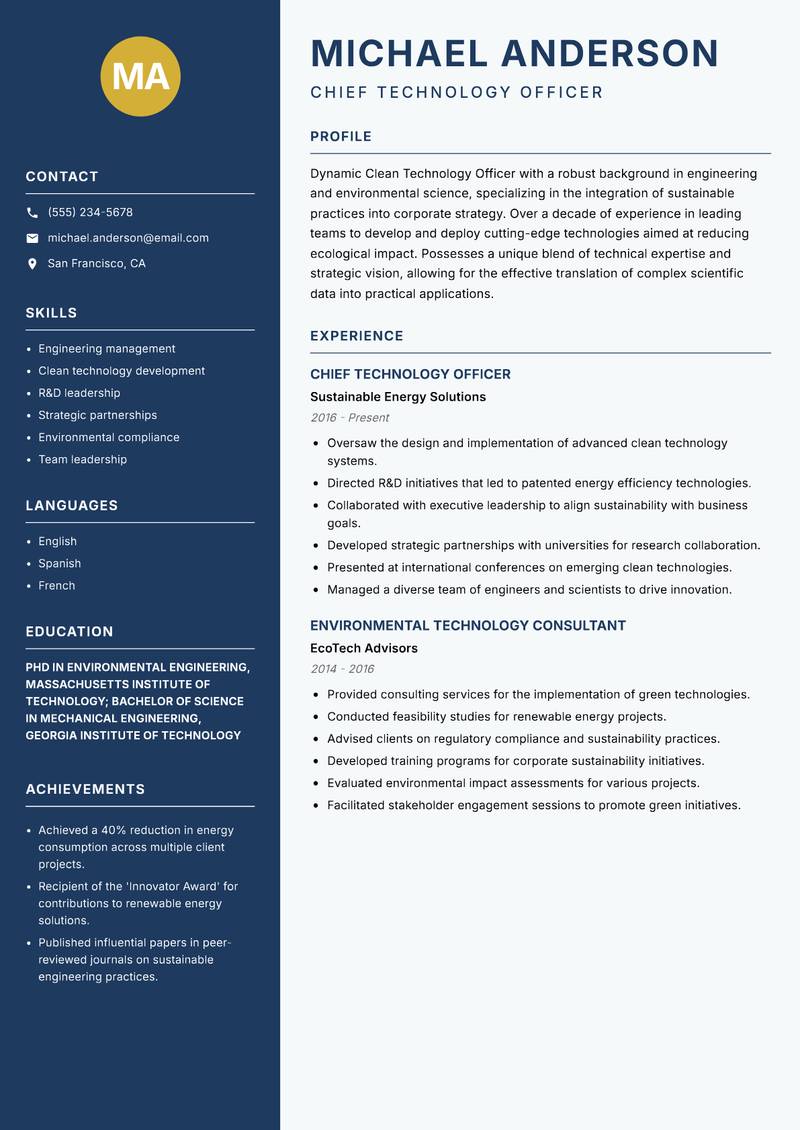 Clean Technology Officer resume template — Classic Clean