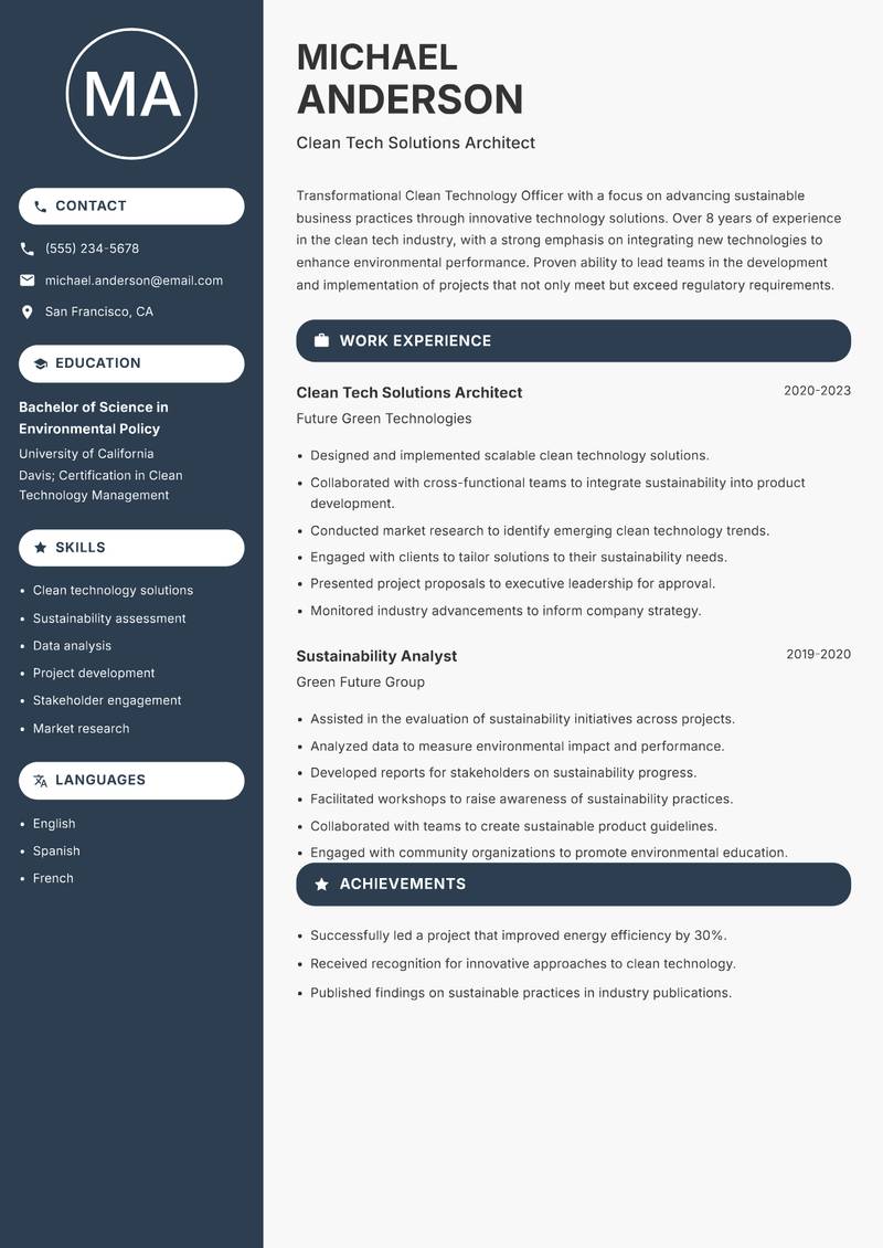 Clean Technology Officer resume template — Compact