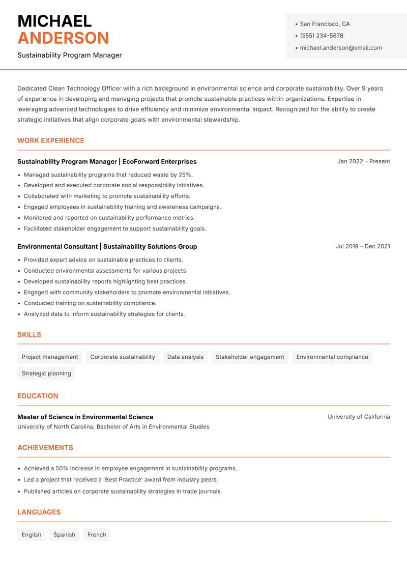 Clean Technology Officer resume template — Modern Professional