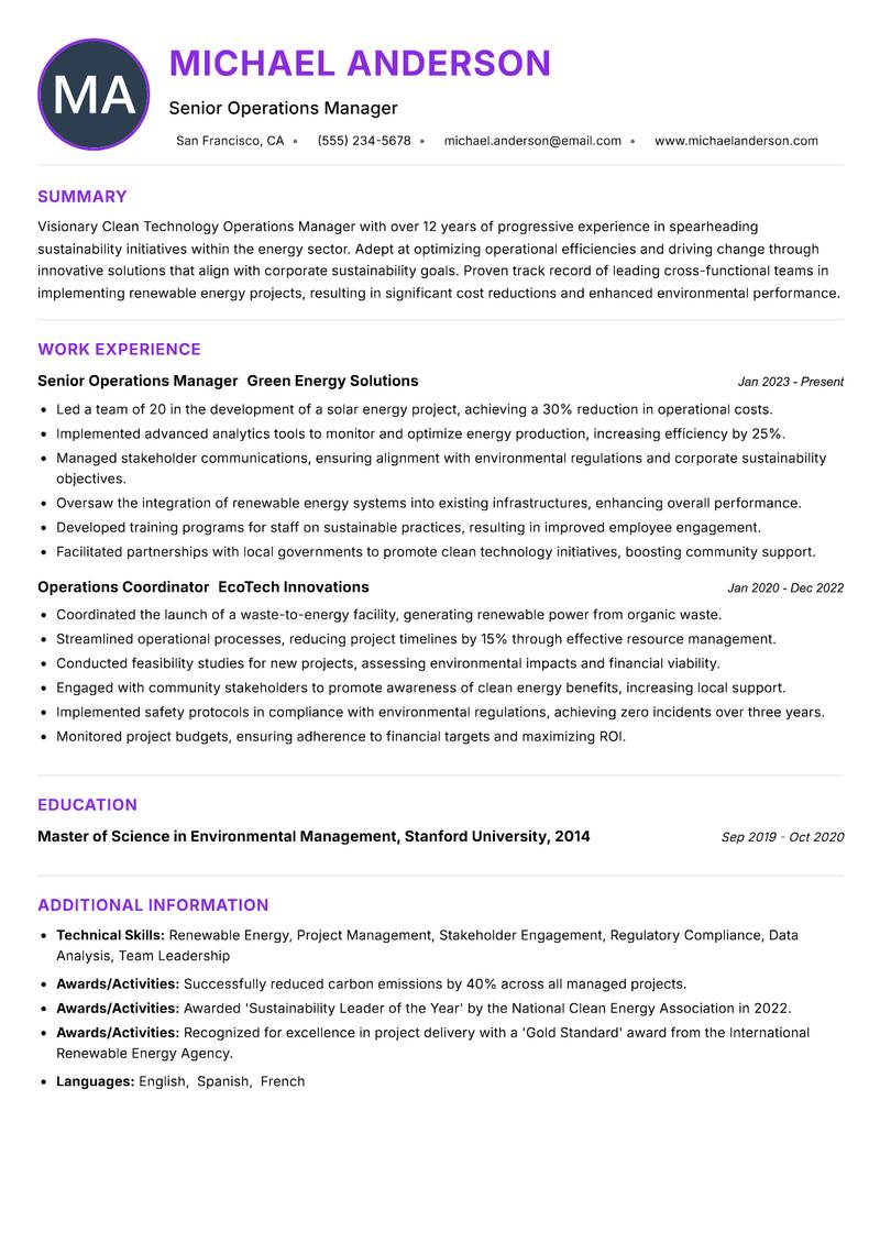 Clean Technology Operations Manager resume example — ATS-friendly template