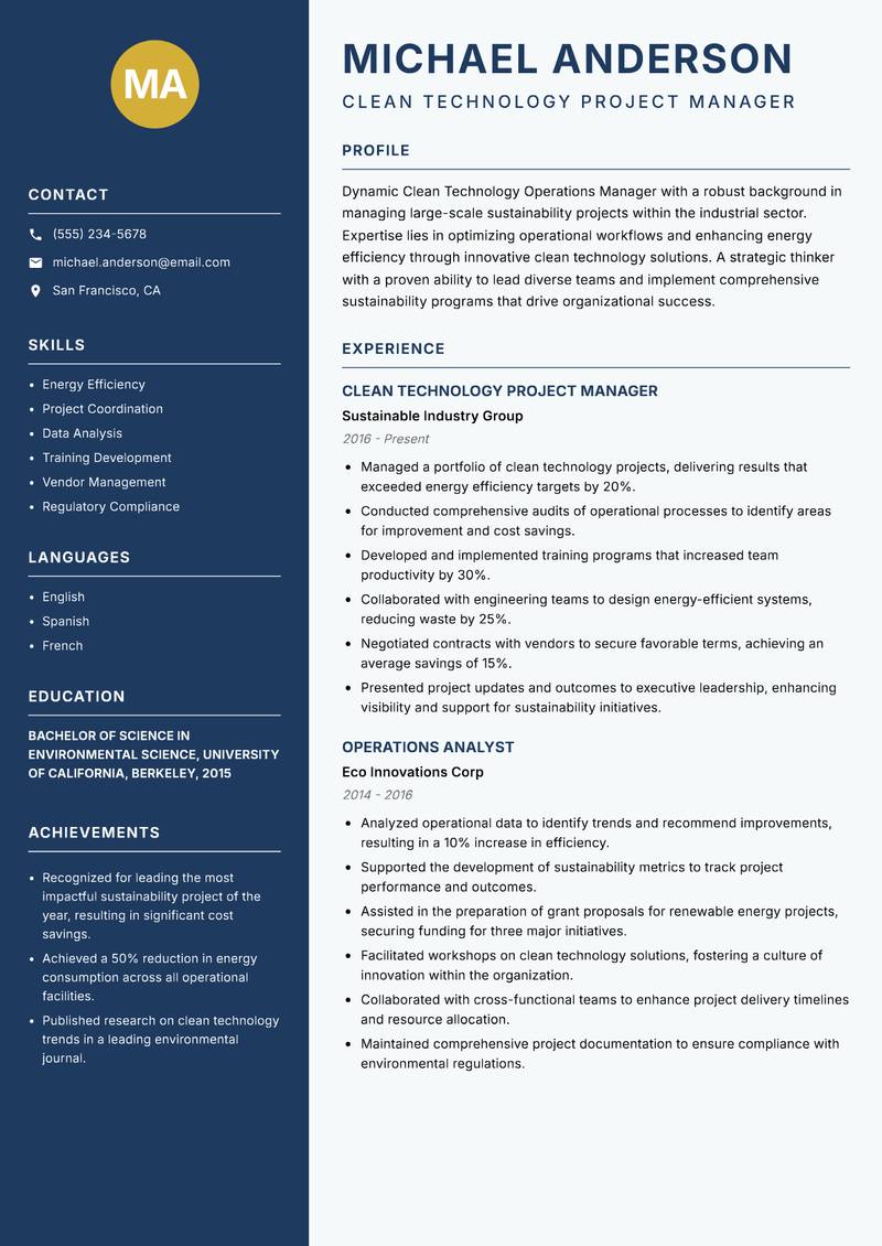 Clean Technology Operations Manager resume template — Classic Clean