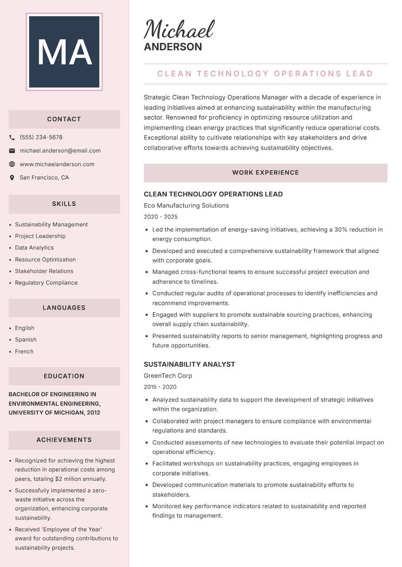 Clean Technology Operations Manager resume template — Executive