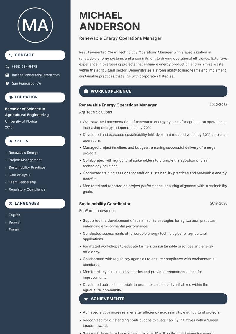 Clean Technology Operations Manager resume template — Compact