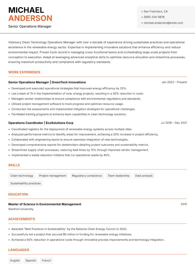 Clean Technology Operations Manager resume template — Modern Professional