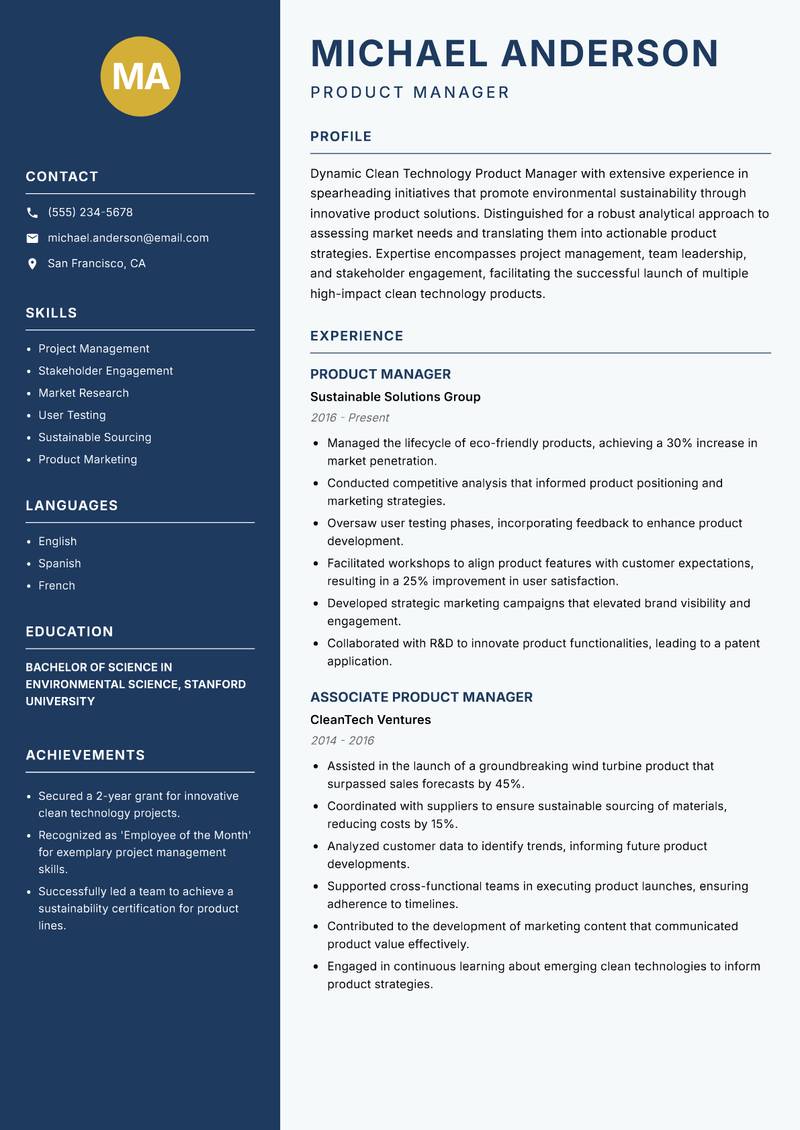 Clean Technology Product Manager resume template — Classic Clean