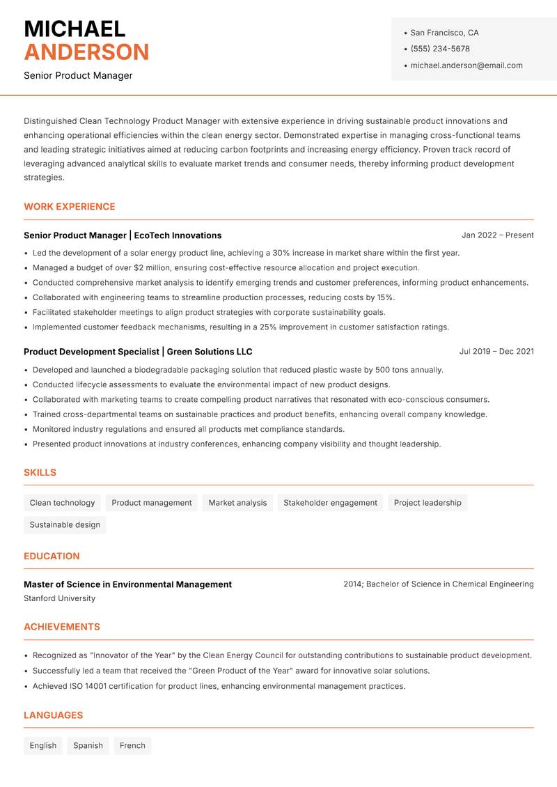 Clean Technology Product Manager resume template — Modern Professional