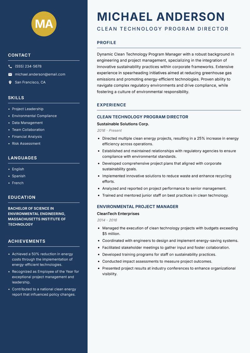 Clean Technology Program Manager resume template — Classic Clean