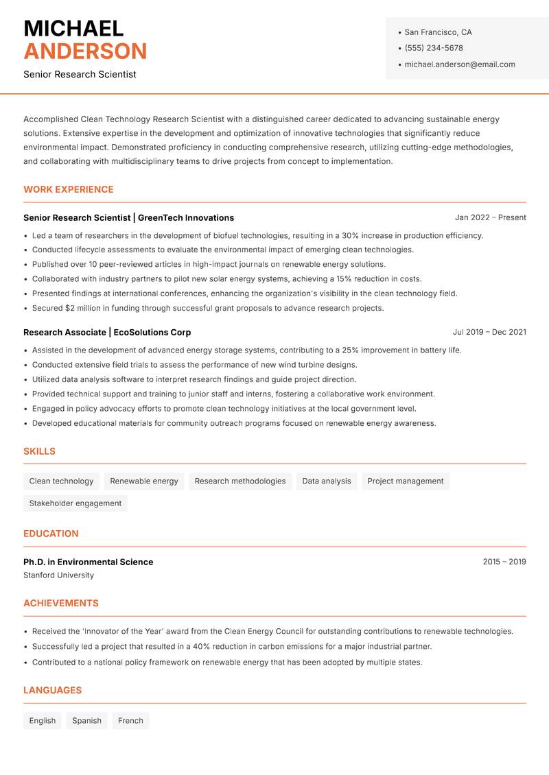 Clean Technology Research Scientist resume template — Modern Professional