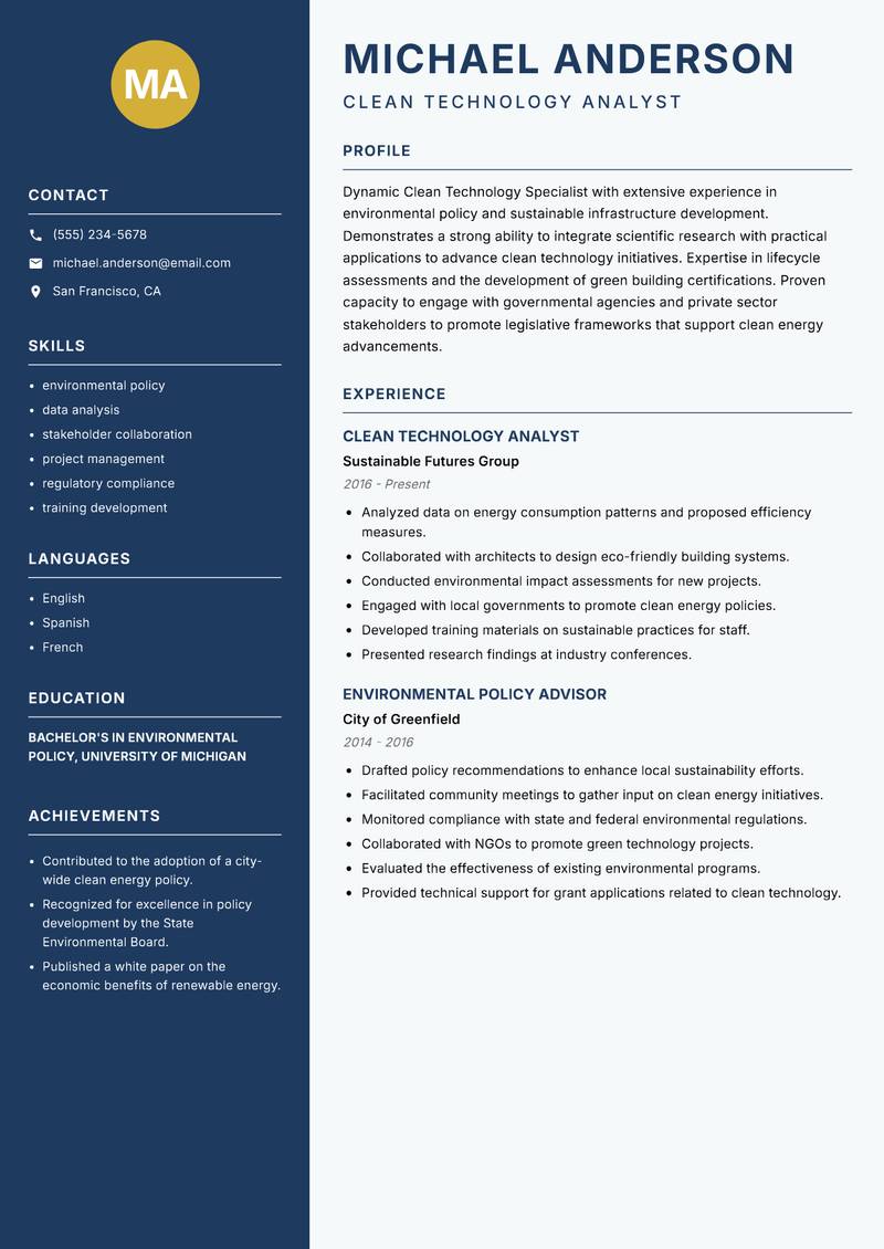 Clean Technology Specialist resume template — Classic Clean