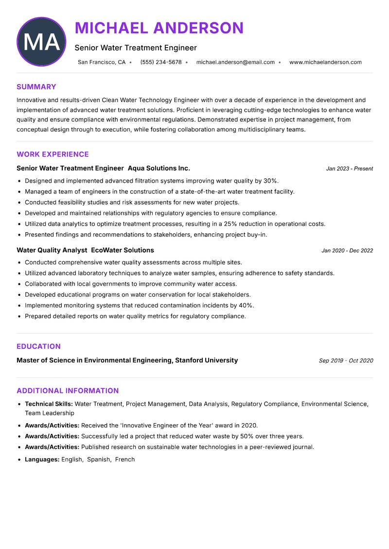Clean Water Technology Engineer resume example — ATS-friendly template