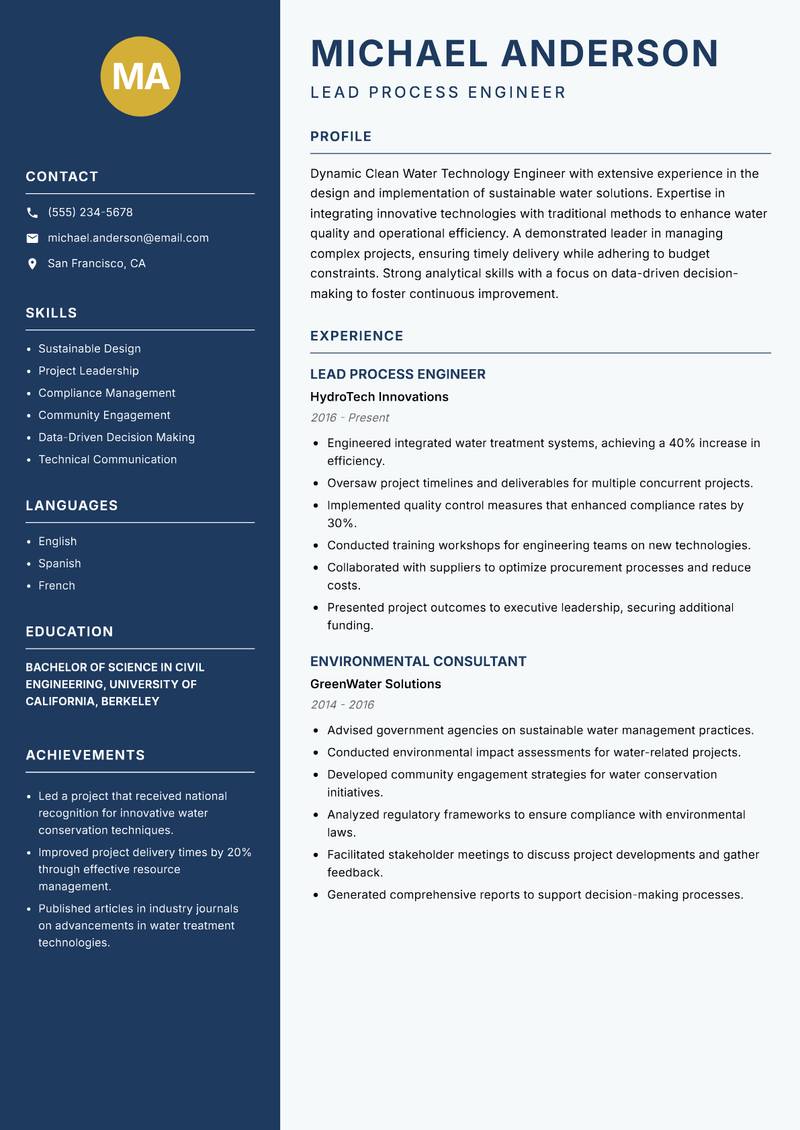 Clean Water Technology Engineer resume template — Classic Clean