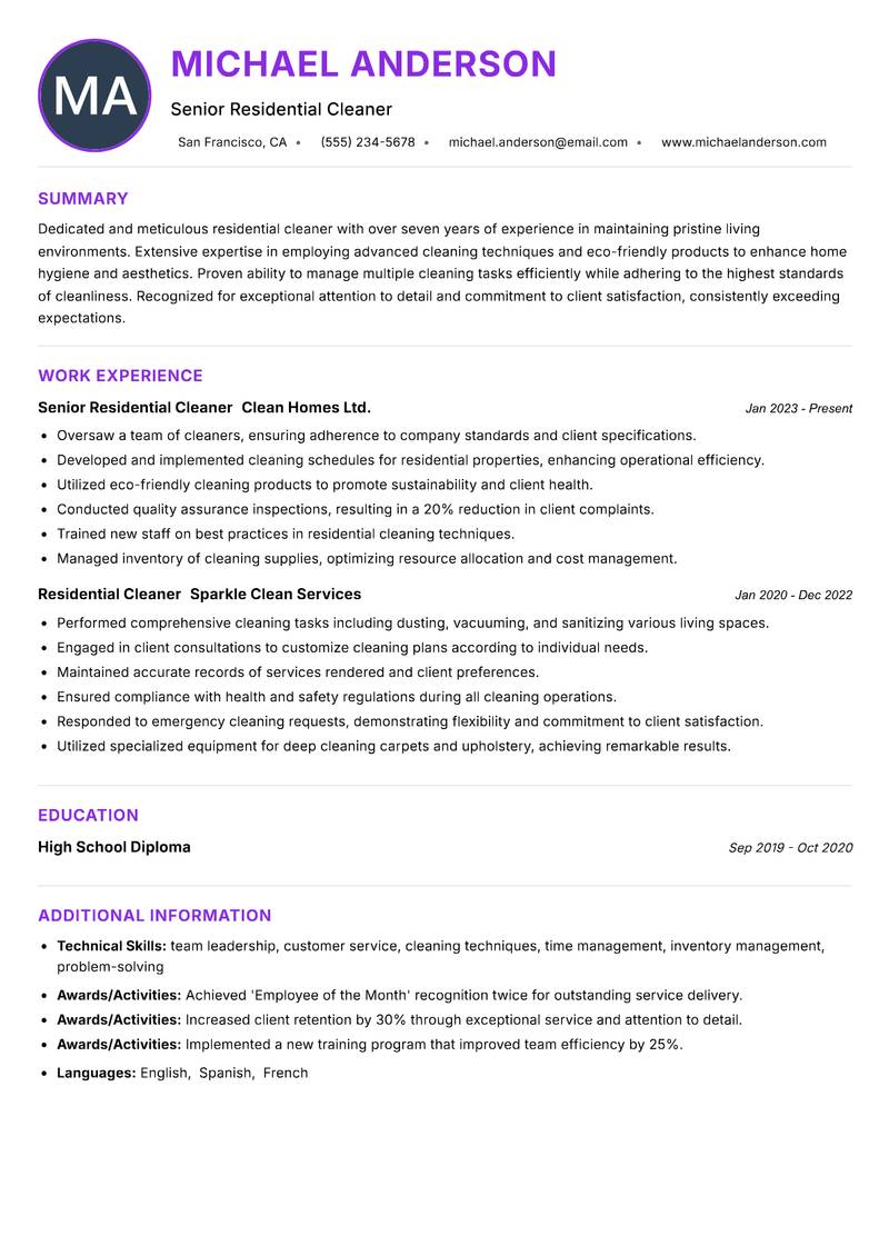 Cleaner Residential resume example — ATS-friendly template