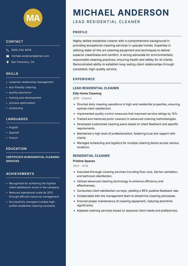 Cleaner Residential resume template — Classic Clean