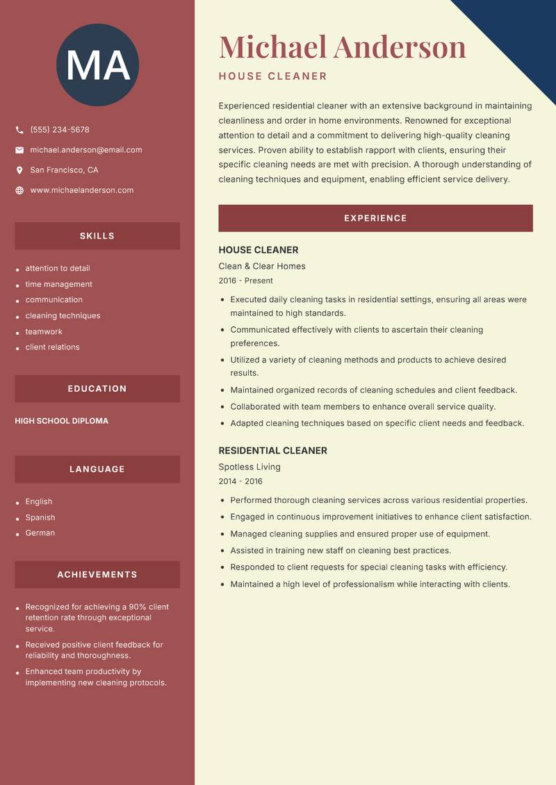 Cleaner Residential resume template — Two Column