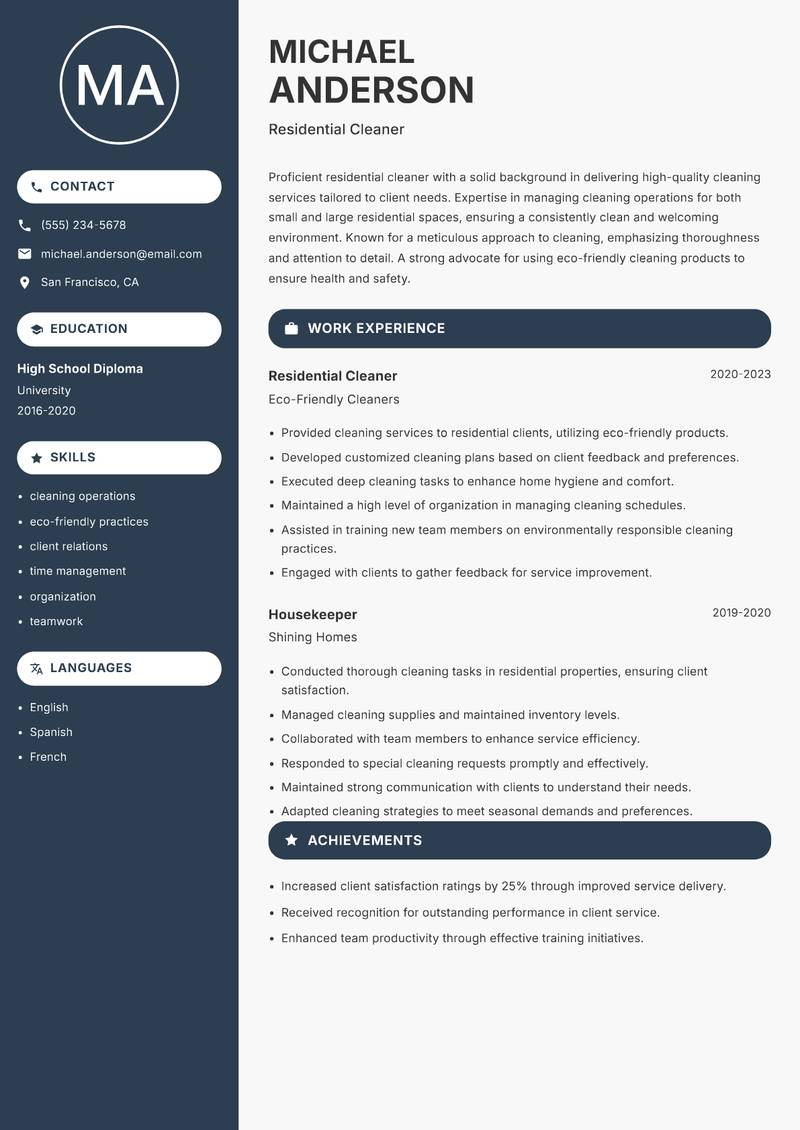 Cleaner Residential resume template — Compact