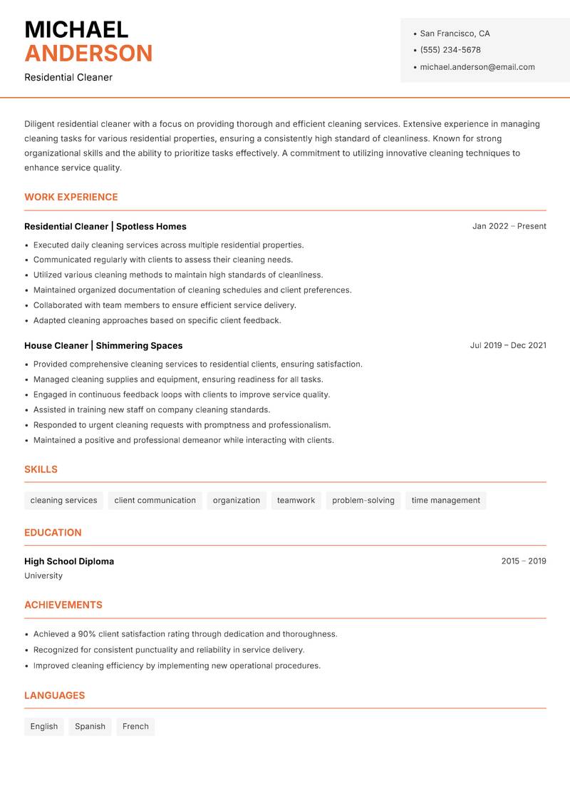 Cleaner Residential resume template — Modern Professional