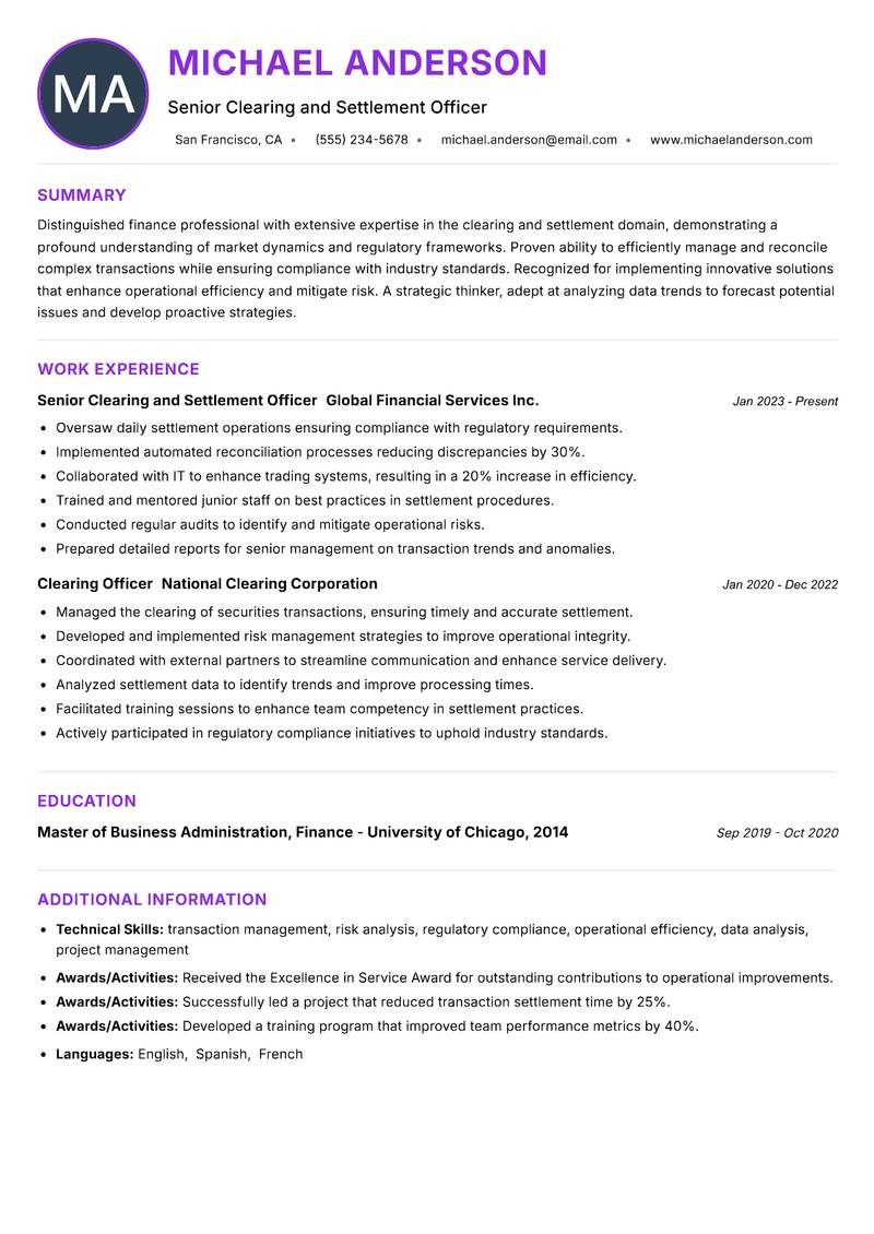 Clearing and Settlement Officer resume example — ATS-friendly template
