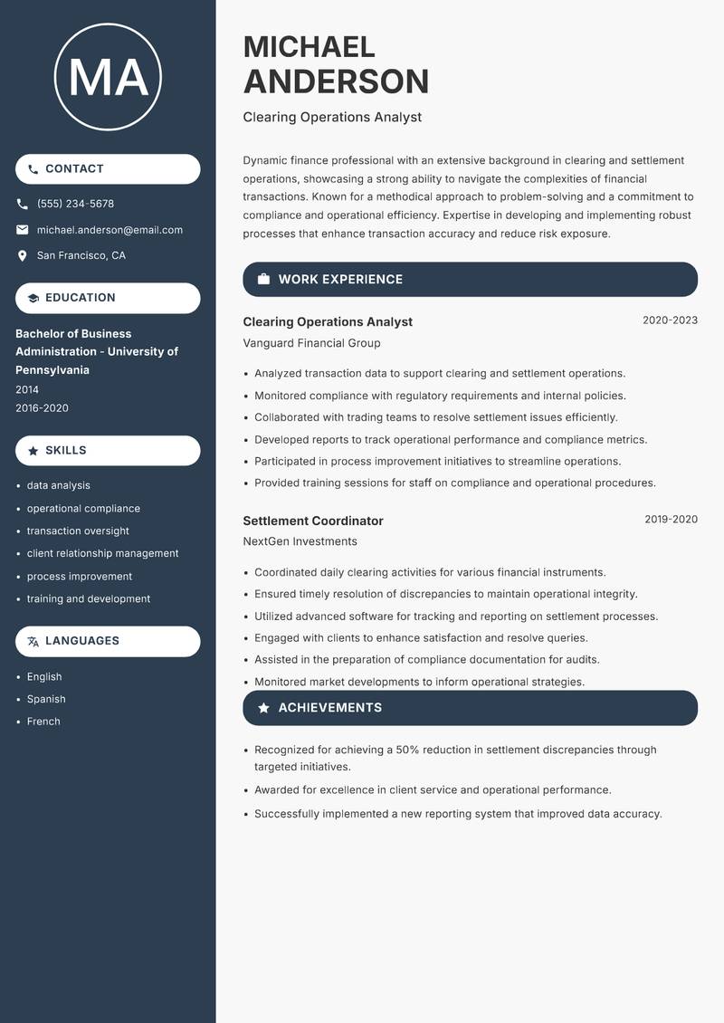 Clearing and Settlement Officer resume template — Compact