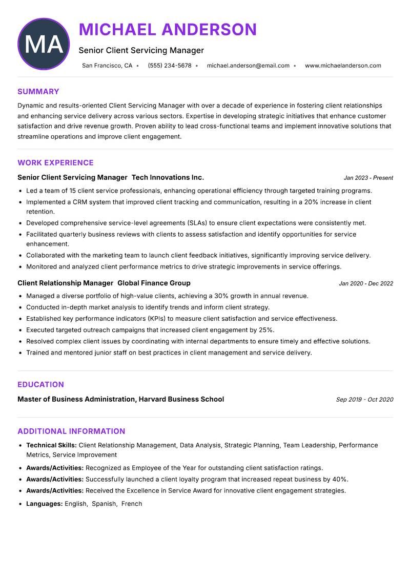 Client Servicing Manager resume example — ATS-friendly template