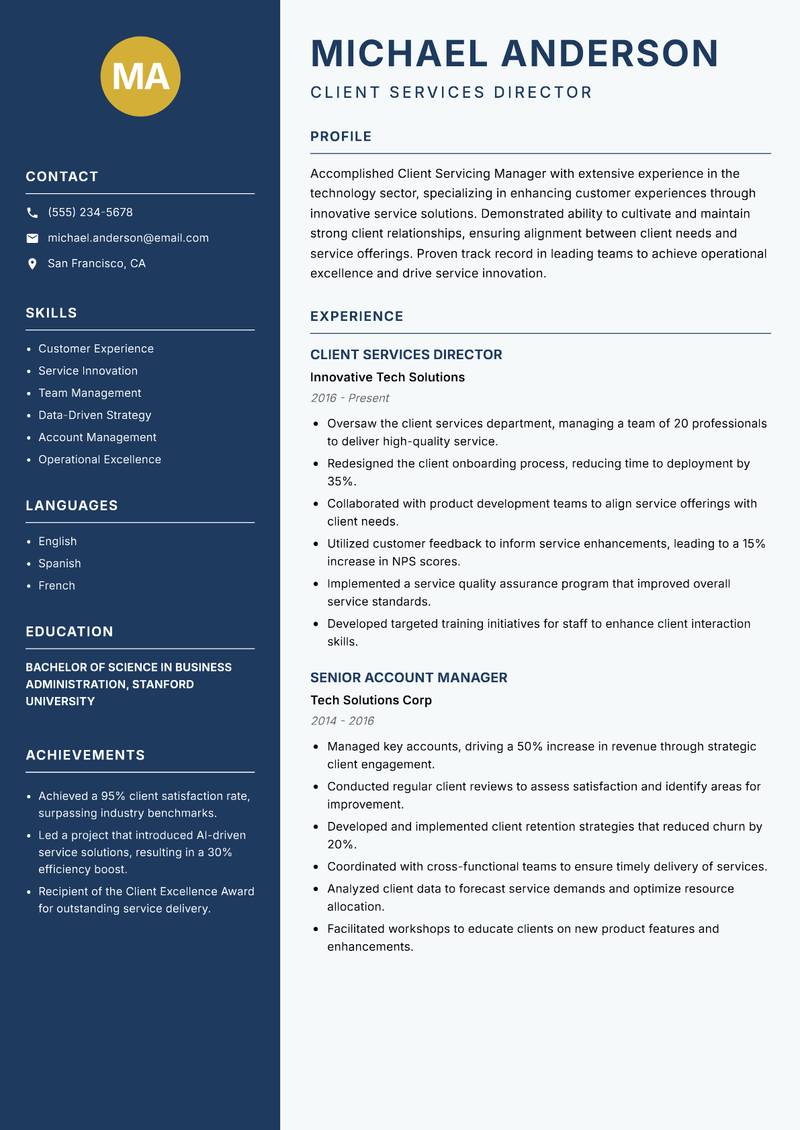 Client Servicing Manager resume template — Classic Clean