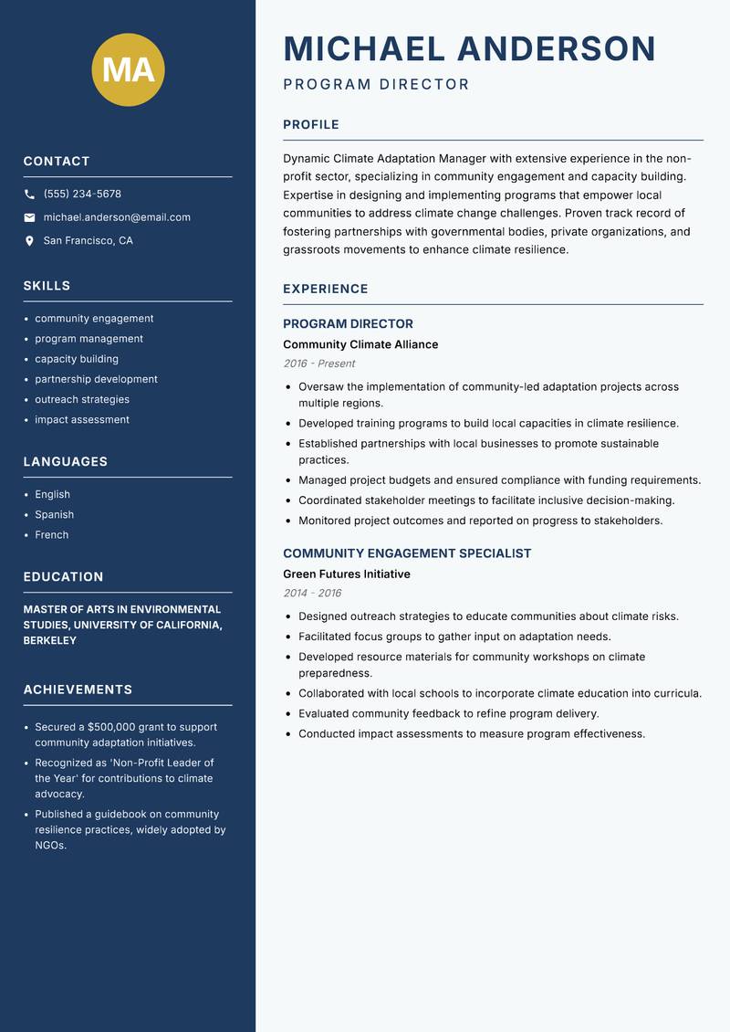 Climate Adaptation Manager resume template — Classic Clean