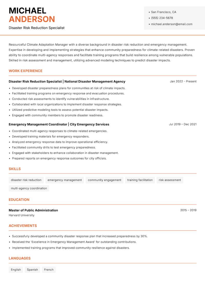 Climate Adaptation Manager resume template — Modern Professional