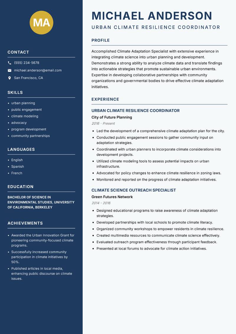 Climate Adaptation Specialist resume template — Classic Clean