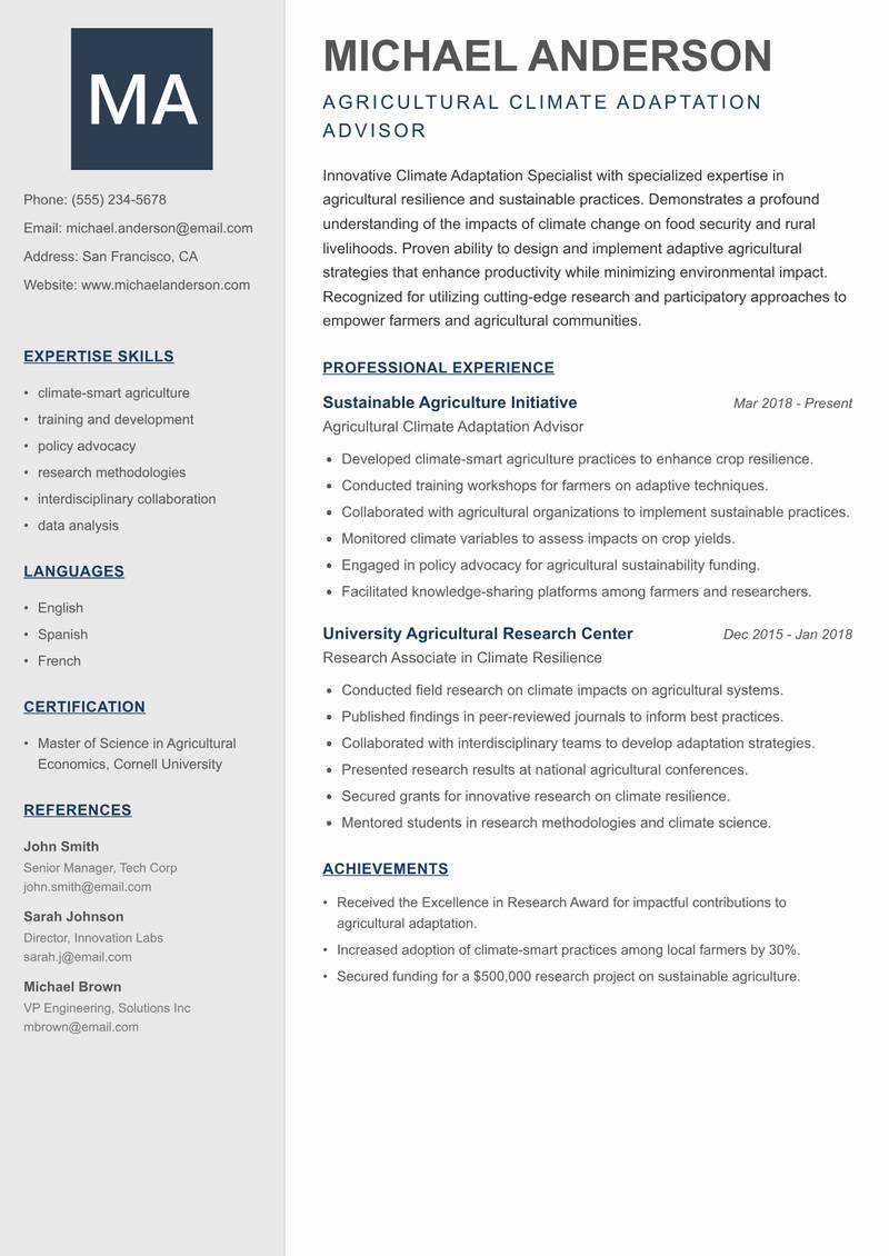 Climate Adaptation Specialist resume template — Creative Minimal