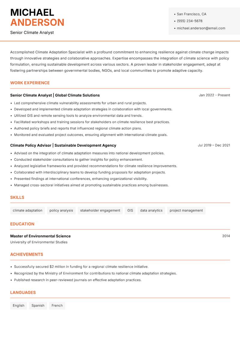 Climate Adaptation Specialist resume template — Modern Professional