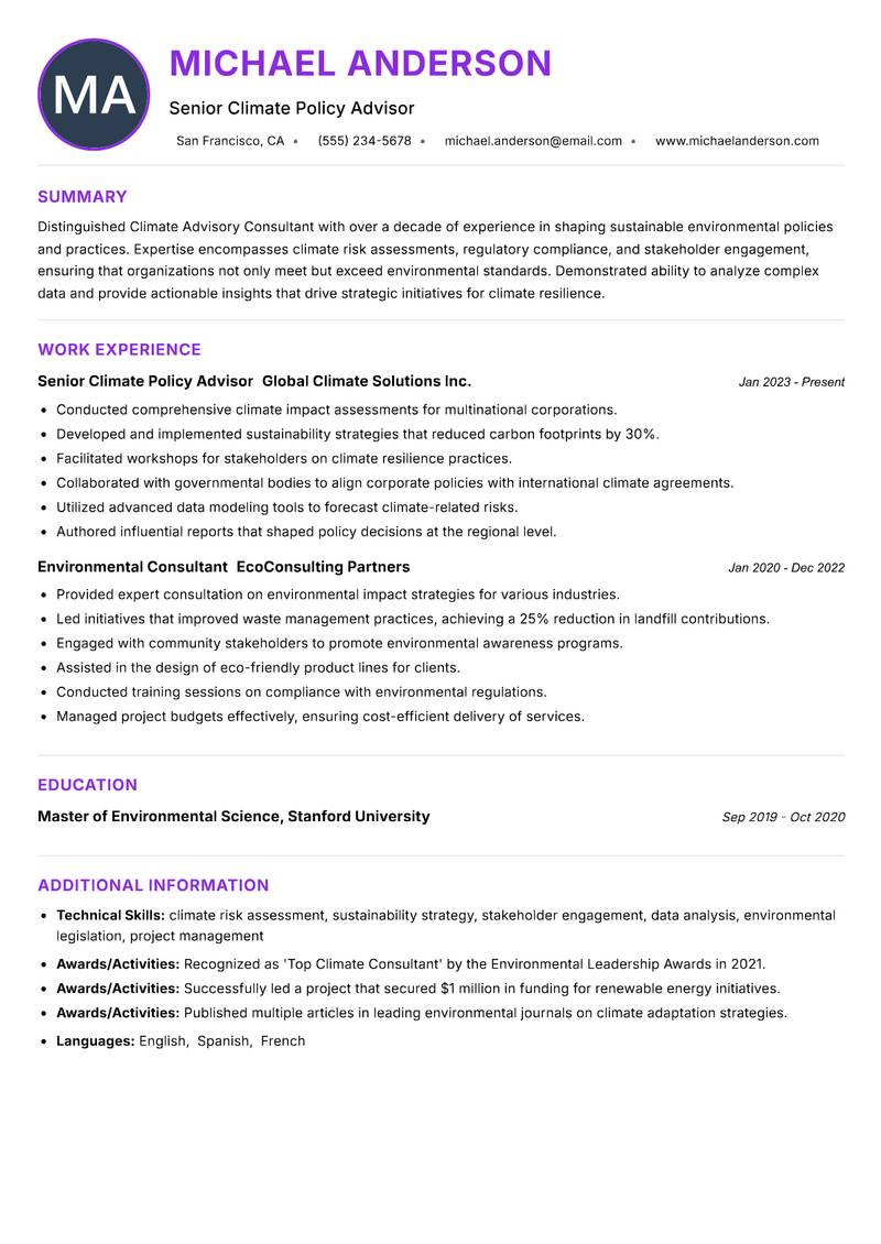 Climate Advisory Consultant resume example — ATS-friendly template