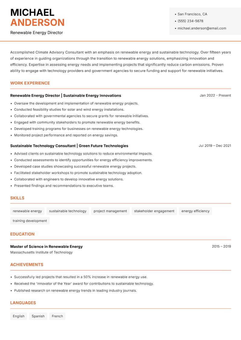 Climate Advisory Consultant resume template — Modern Professional