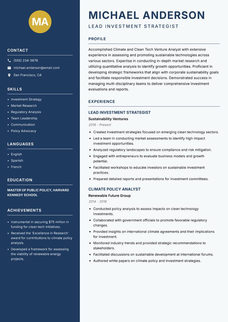 Climate and Clean Tech Venture Analyst resume template — Classic Clean