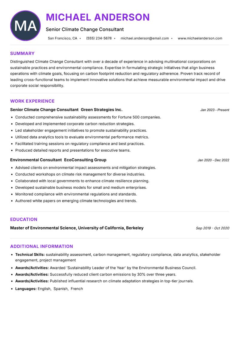 Climate Change Consultant resume example — ATS-friendly template