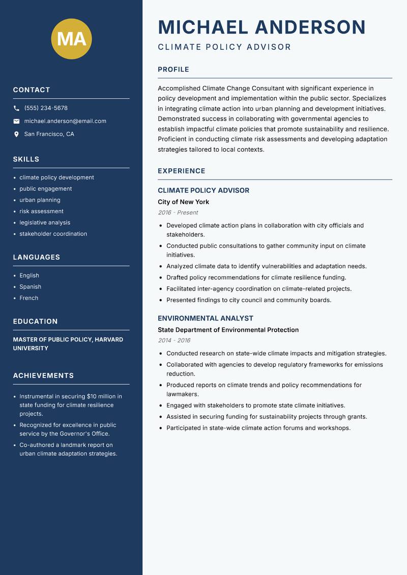 Climate Change Consultant resume template — Classic Clean