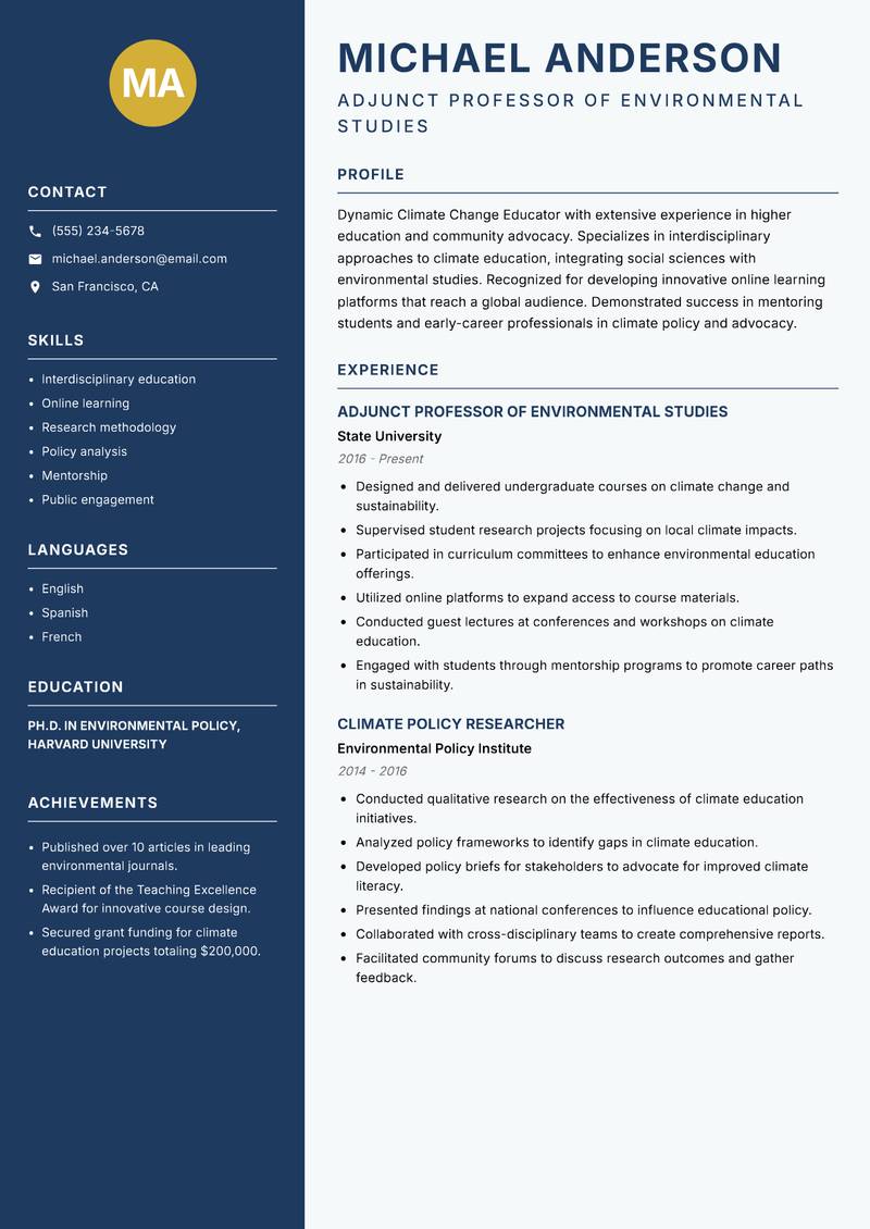 Climate Change Educator resume template — Classic Clean