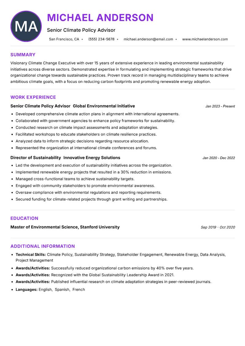 Climate Change Executive resume example — ATS-friendly template