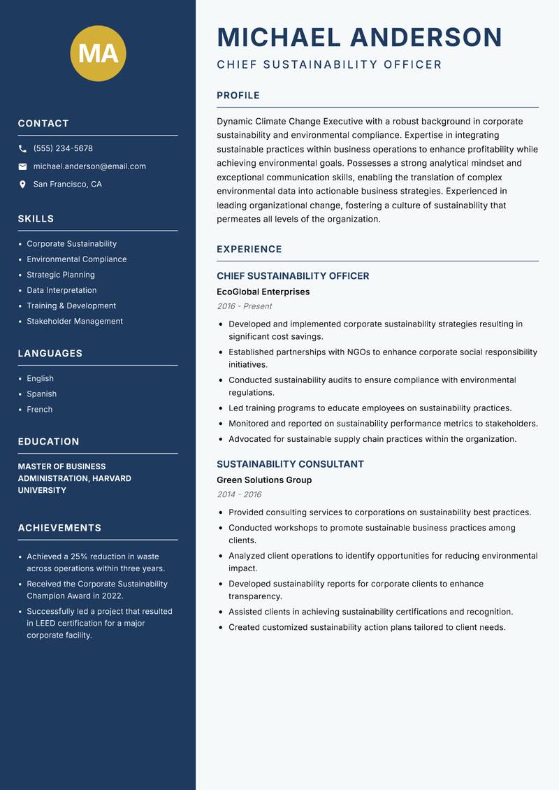 Climate Change Executive resume template — Classic Clean
