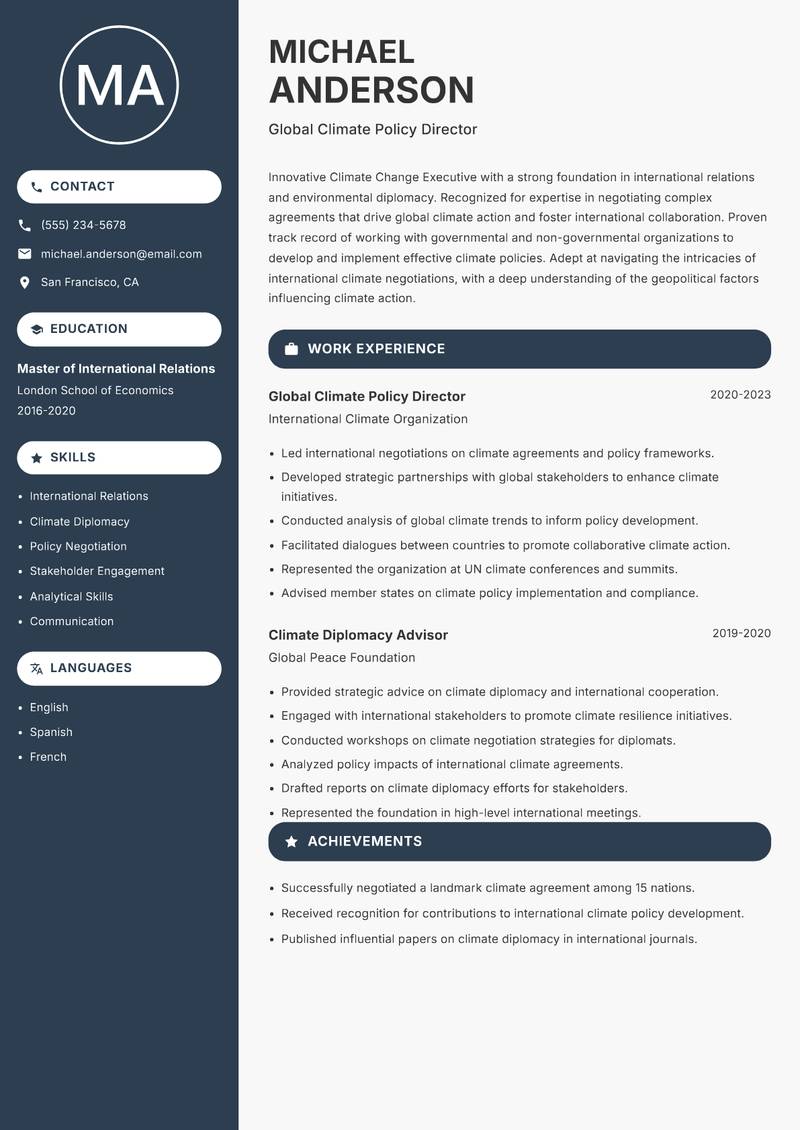 Climate Change Executive resume template — Compact