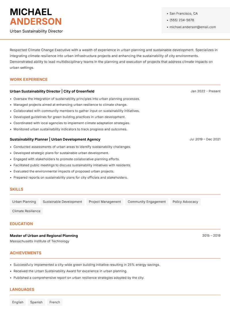 Climate Change Executive resume template — Modern Professional