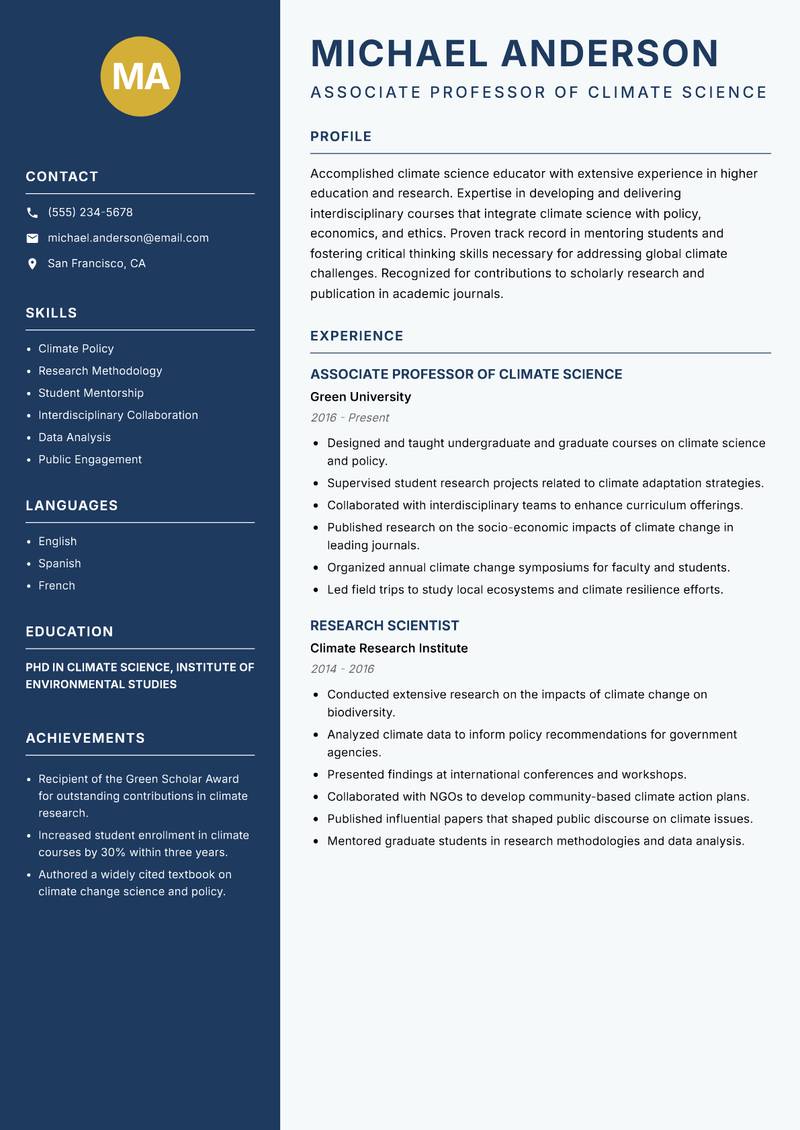 Climate Change Instructor resume template — Classic Clean