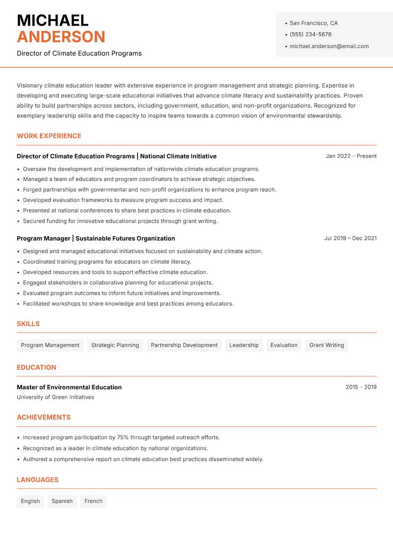Climate Change Instructor resume template — Modern Professional