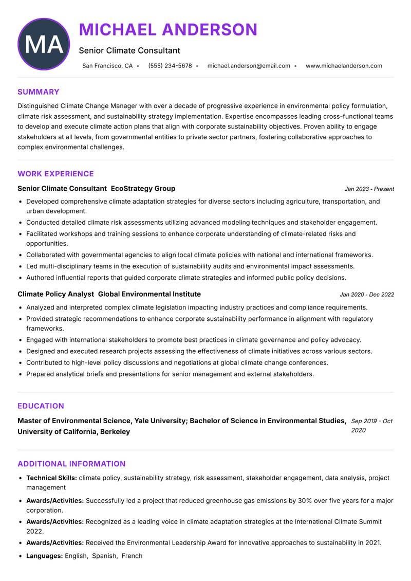 Climate Change Manager resume example — ATS-friendly template