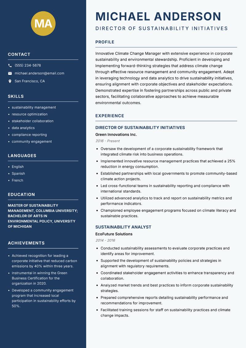 Climate Change Manager resume template — Classic Clean