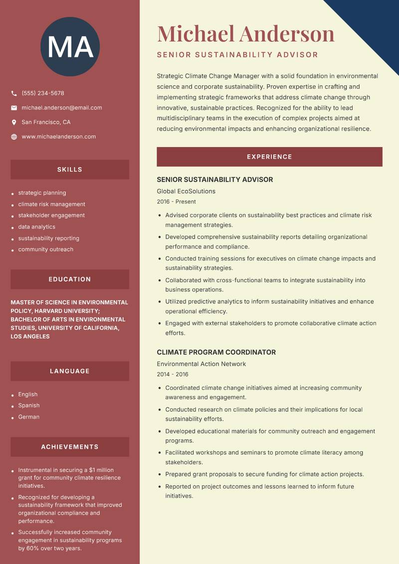 Climate Change Manager resume template — Two Column