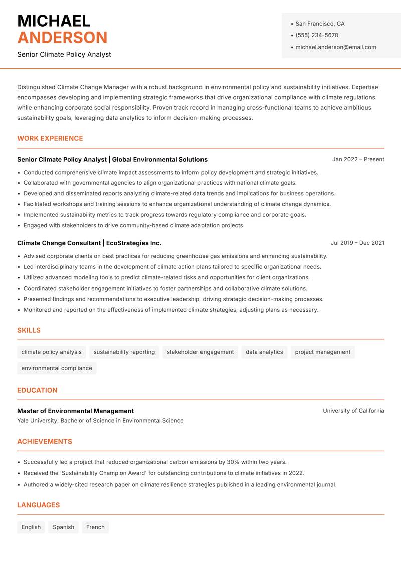 Climate Change Manager resume template — Modern Professional