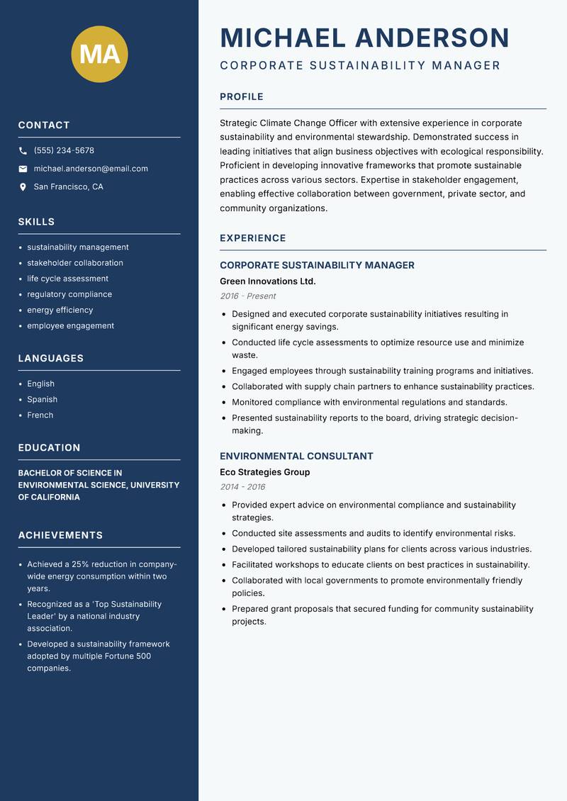 Climate Change Officer resume template — Classic Clean