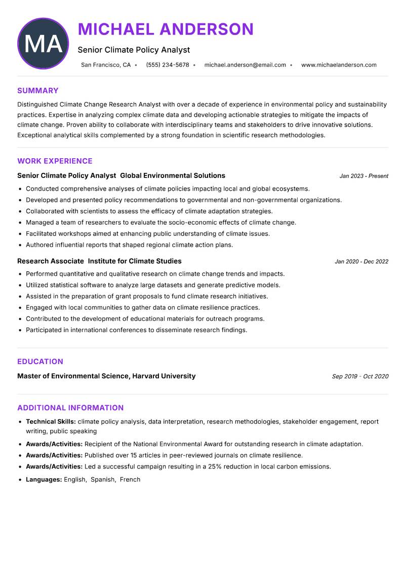 Climate Change Research Analyst resume example — ATS-friendly template