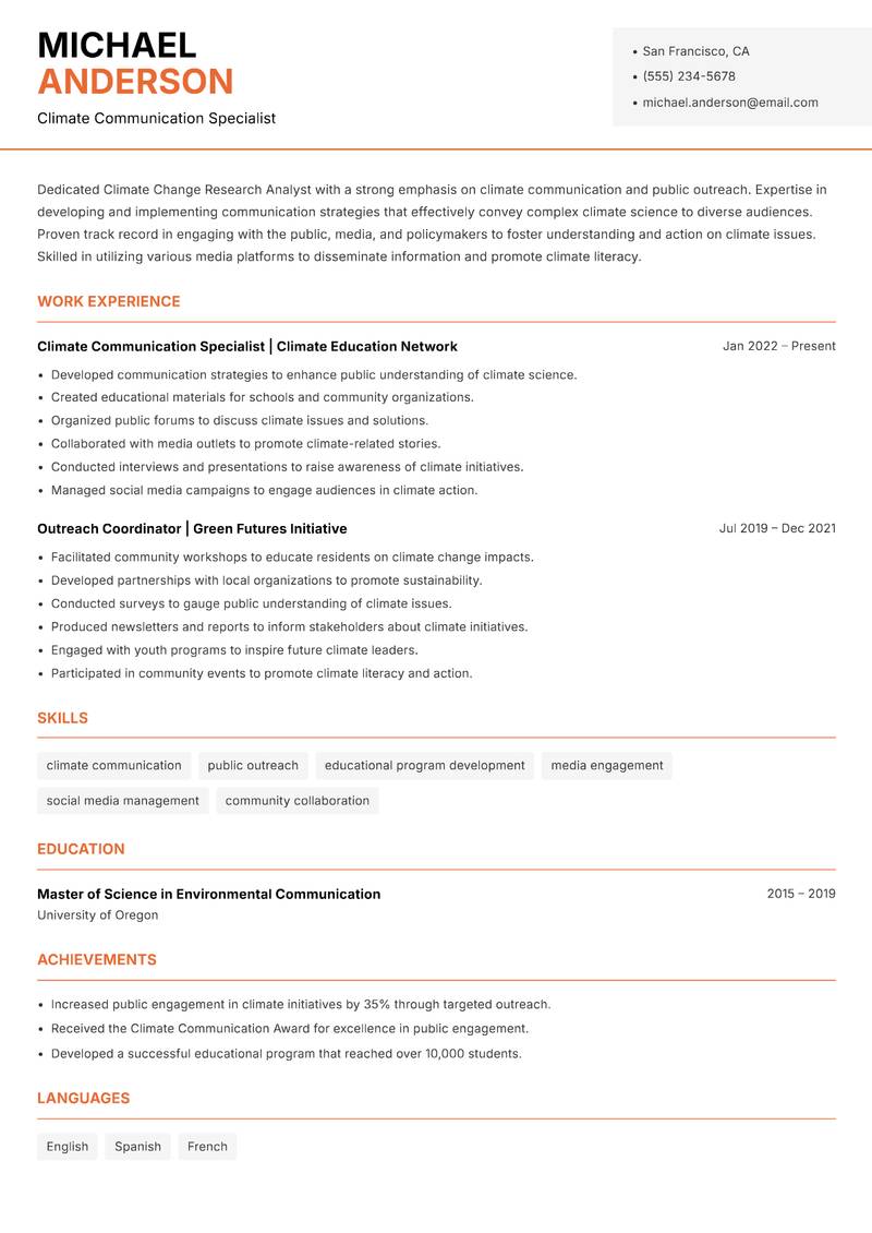 Climate Change Research Analyst resume template — Modern Professional